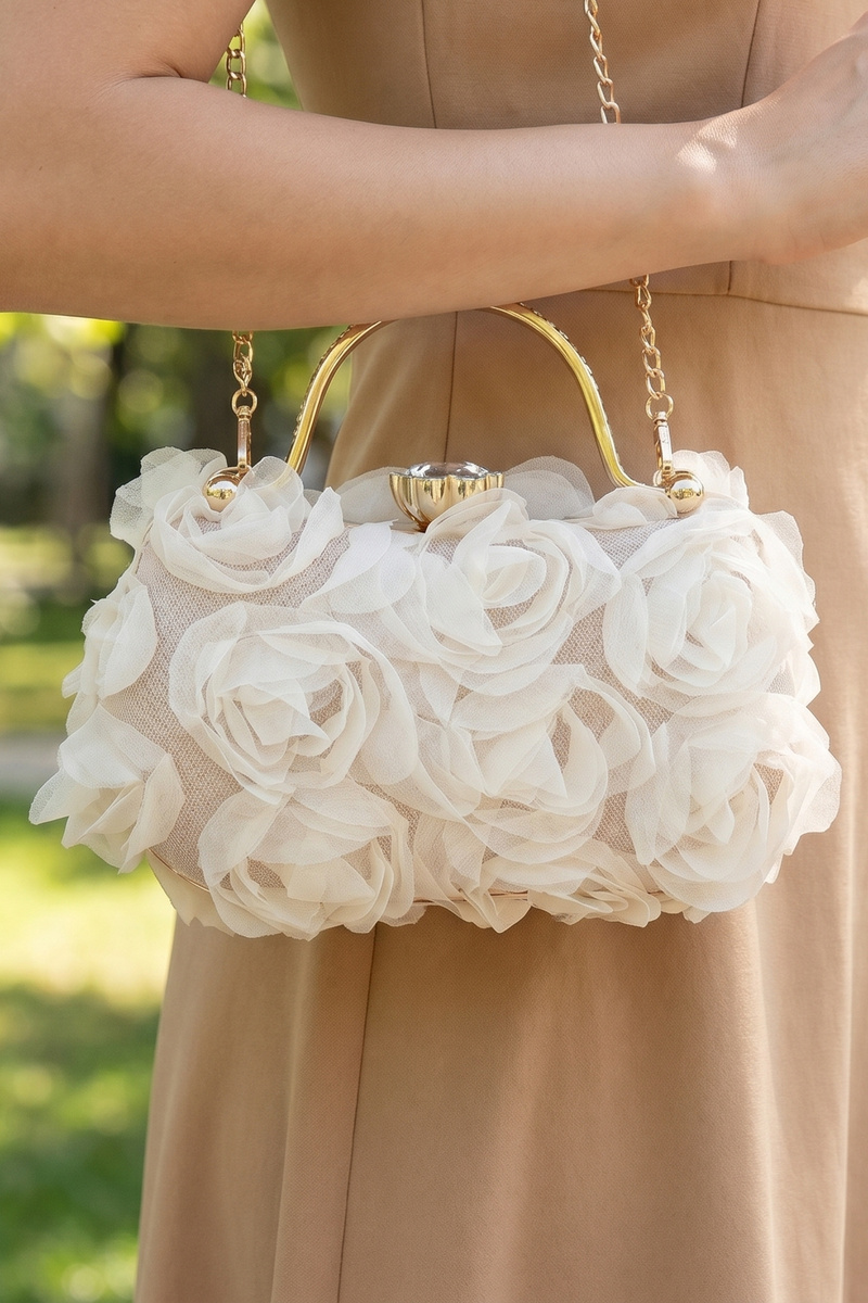 3D Floral Rosette Crystal Handle Evening Handbag