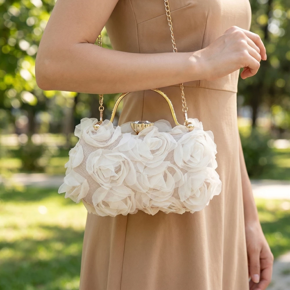 Chiffon Rosette Frame Clutch With Rhinestone Clasp