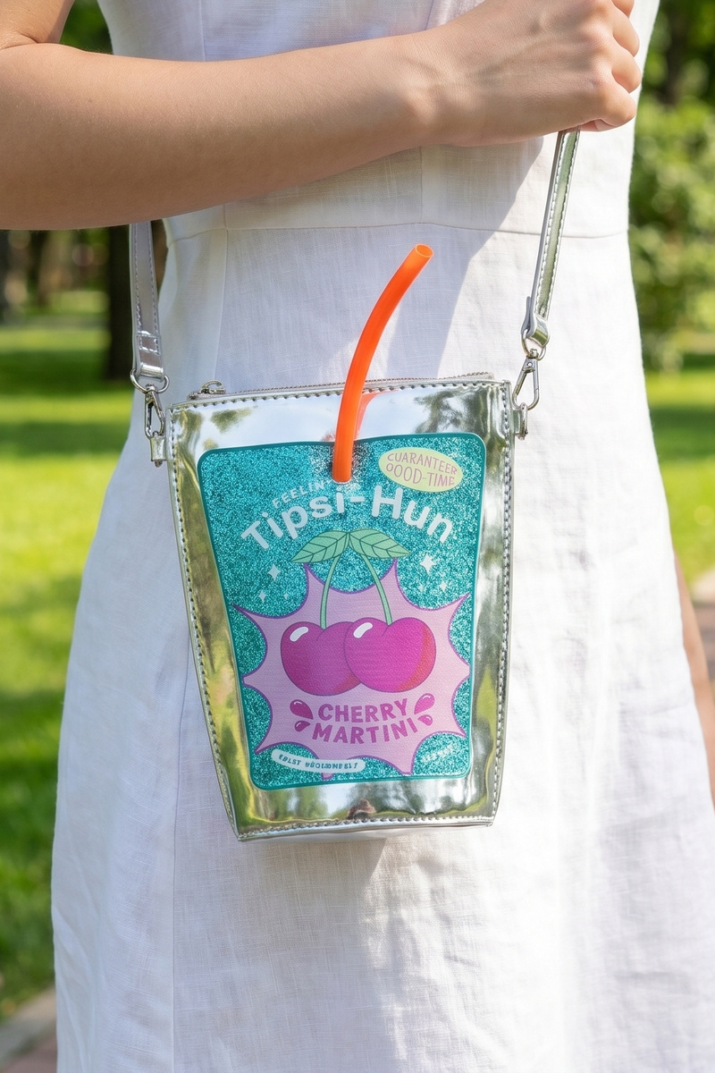 Novelty Drink Cup Graphic Metallic Crossbody Bag