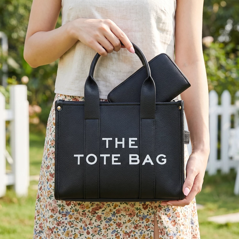 Lettered Vegan Leather Small Tote Bag With Zip Pouch