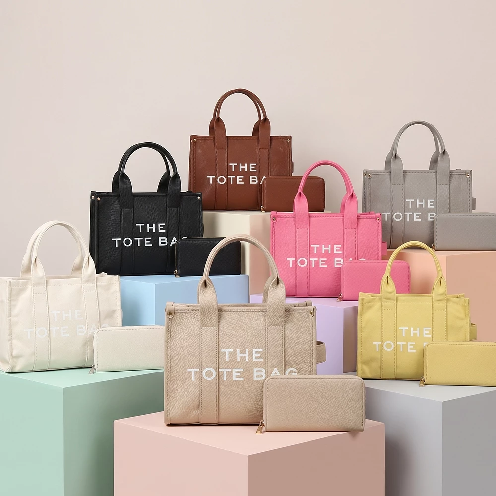 Lettered Vegan Leather Extra Small Tote Bag And Pouch