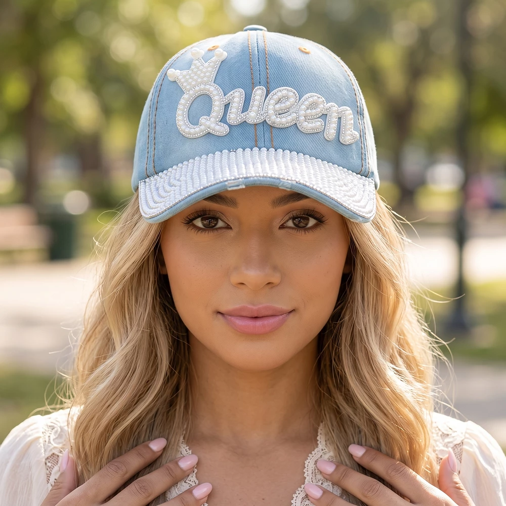 Pearl Crown Queen Denim Baseball Cap