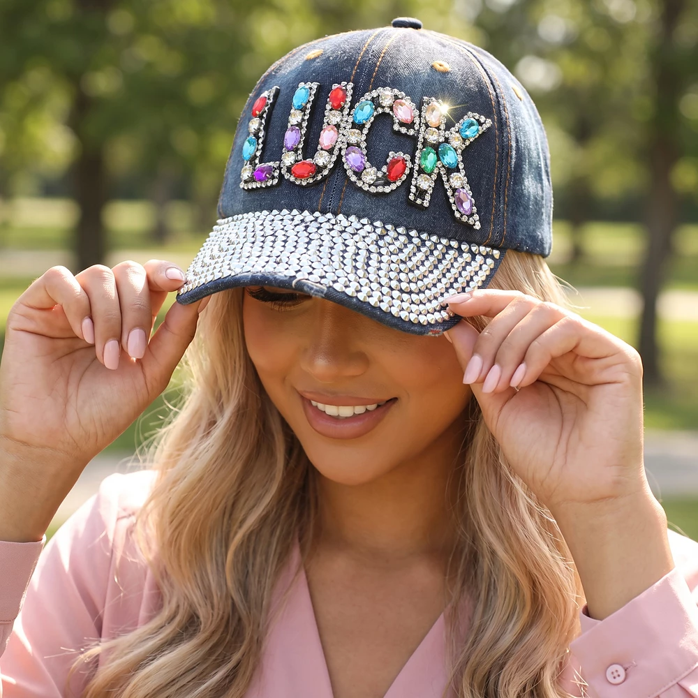 Jeweled Luck Letter Denim Baseball Cap