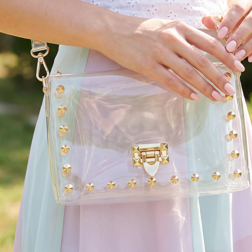 Clear Studded Flap Crossbody Bag With Turn Lock