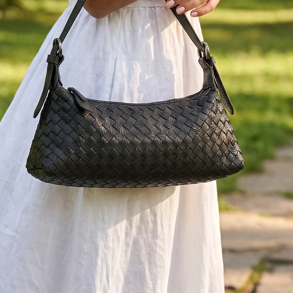 Woven Vegan Leather Slouchy Shoulder Bag