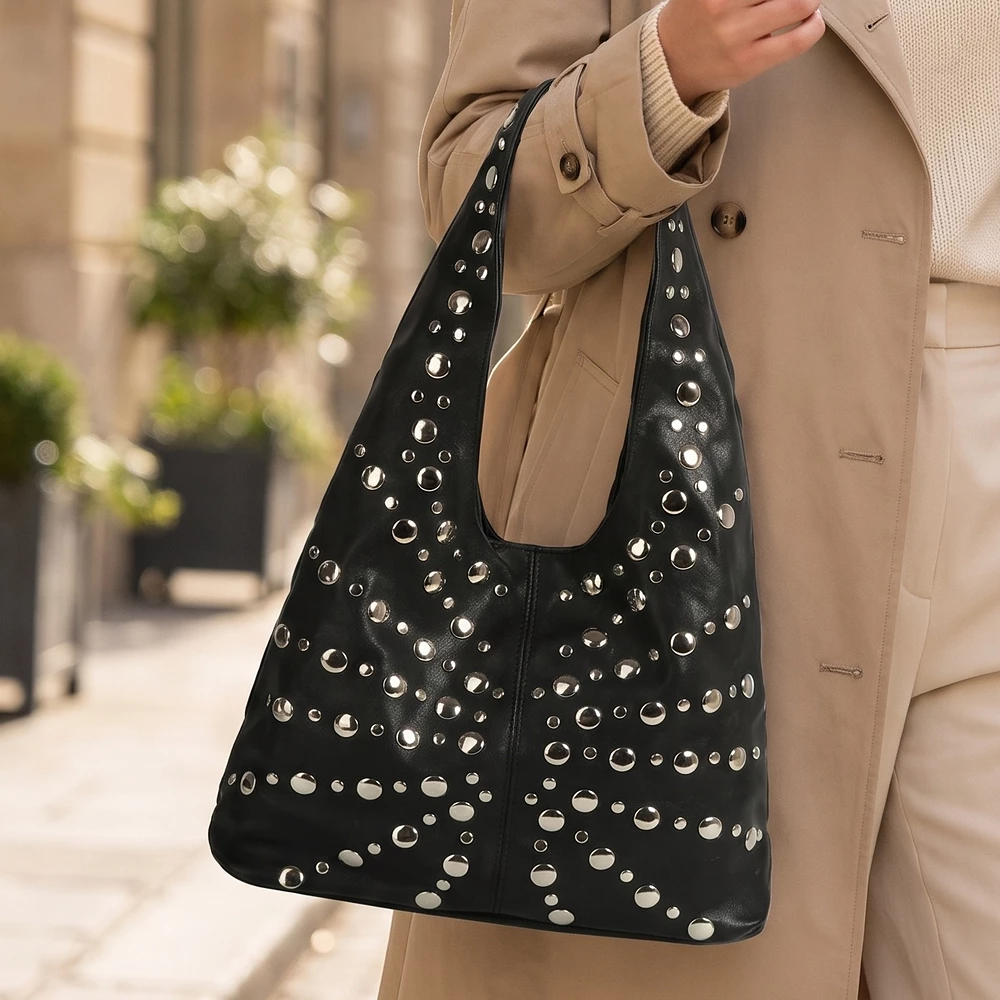 Radiating Stud Vegan Leather Hobo Shoulder Bag