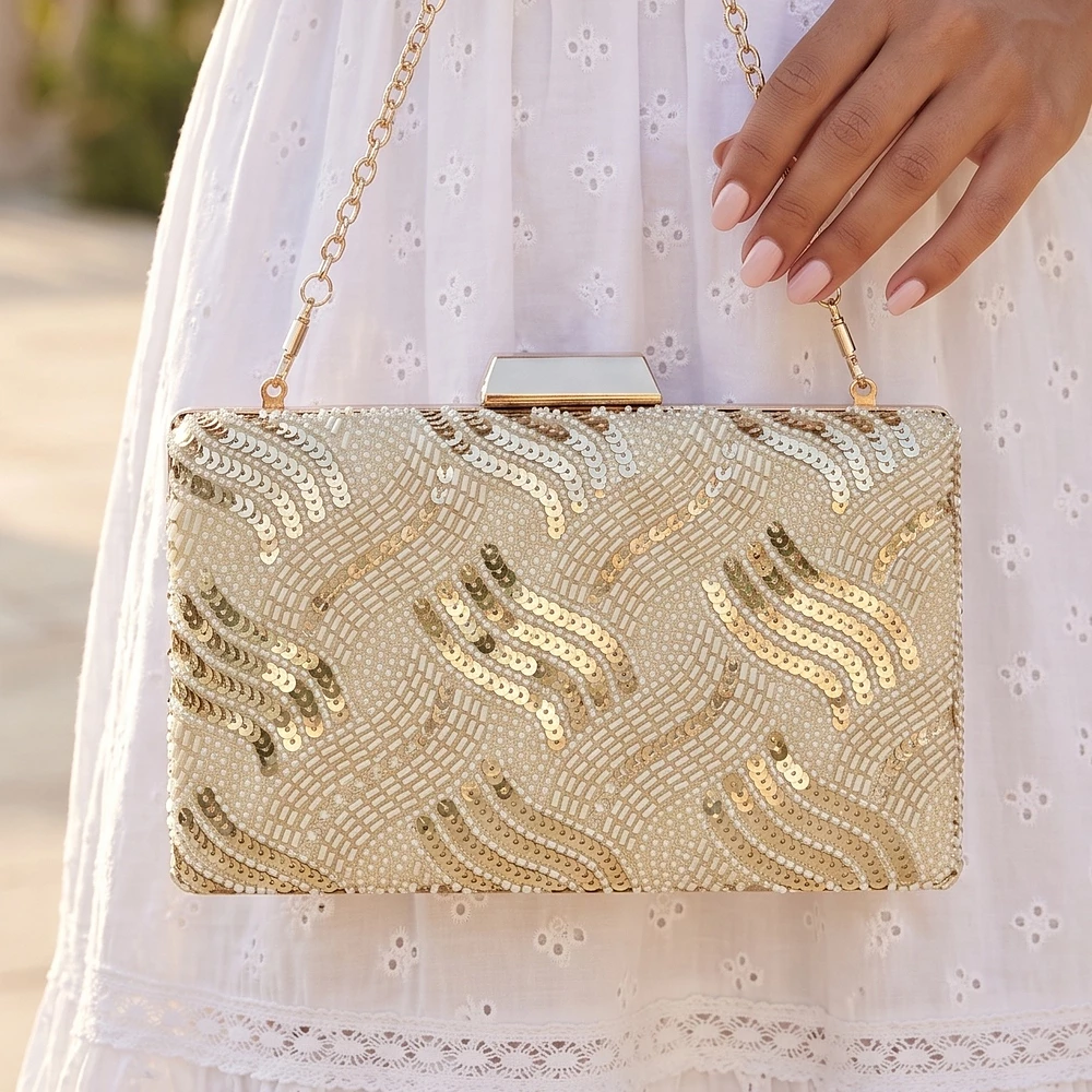 Wave Sequin Box Clutch With Chain Strap