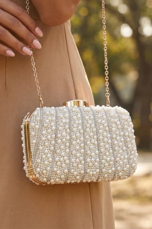 Pearl Beaded Box Clutch With Rhinestone Stripes