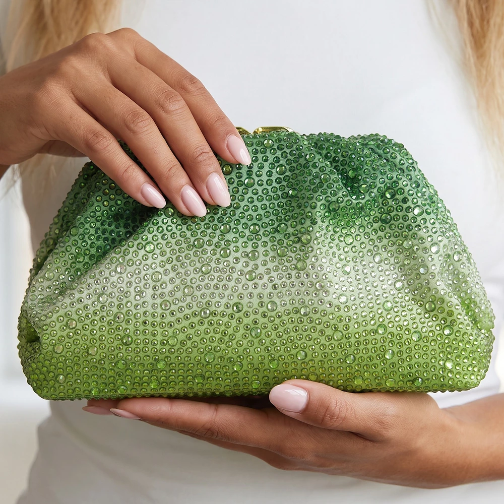 Ombre Rhinestone Ruched Pouch Clutch