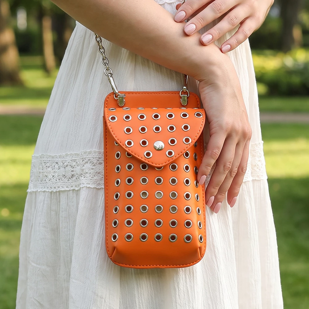 Grommet Eyelet Phone Crossbody Bag With Chain