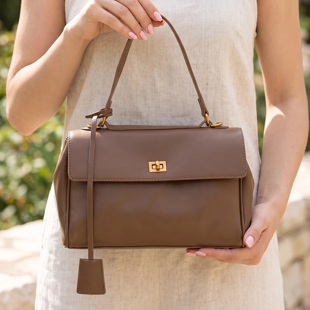 Turn Lock Flap Structured Satchel Handbag