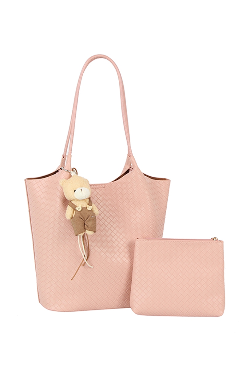 Teddy Bear Charm Woven Hobo Shoulder Bag Set
