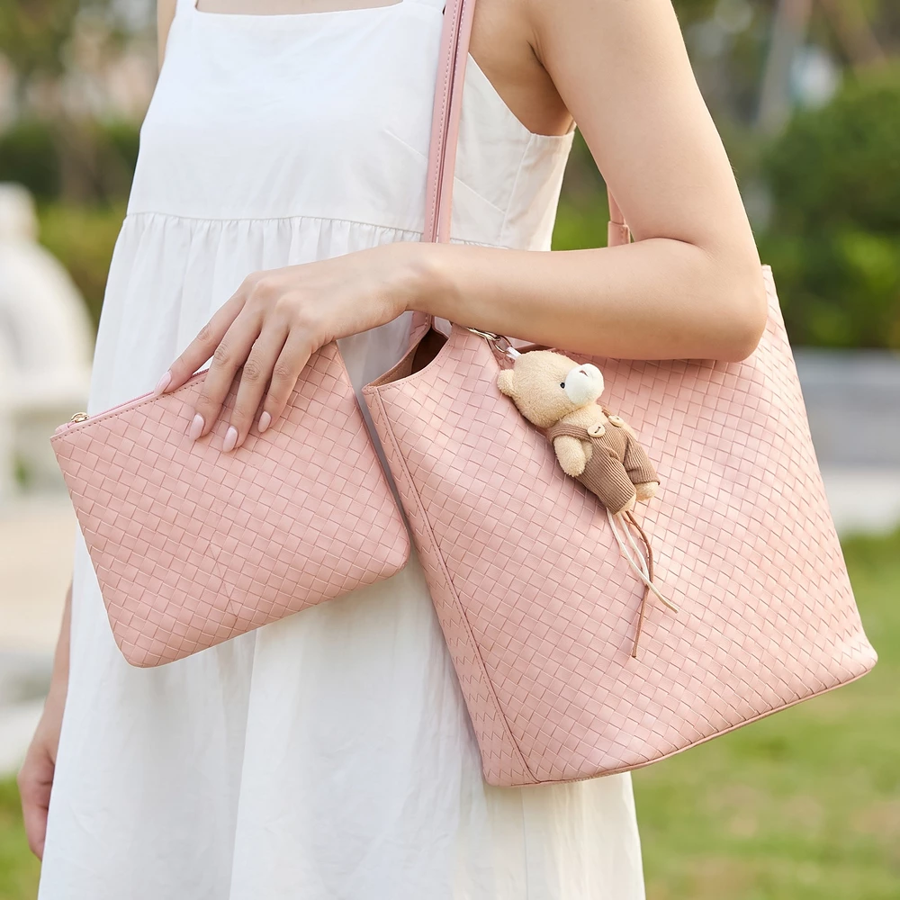 Woven Embossed Tote With Pouch And Bear Charm