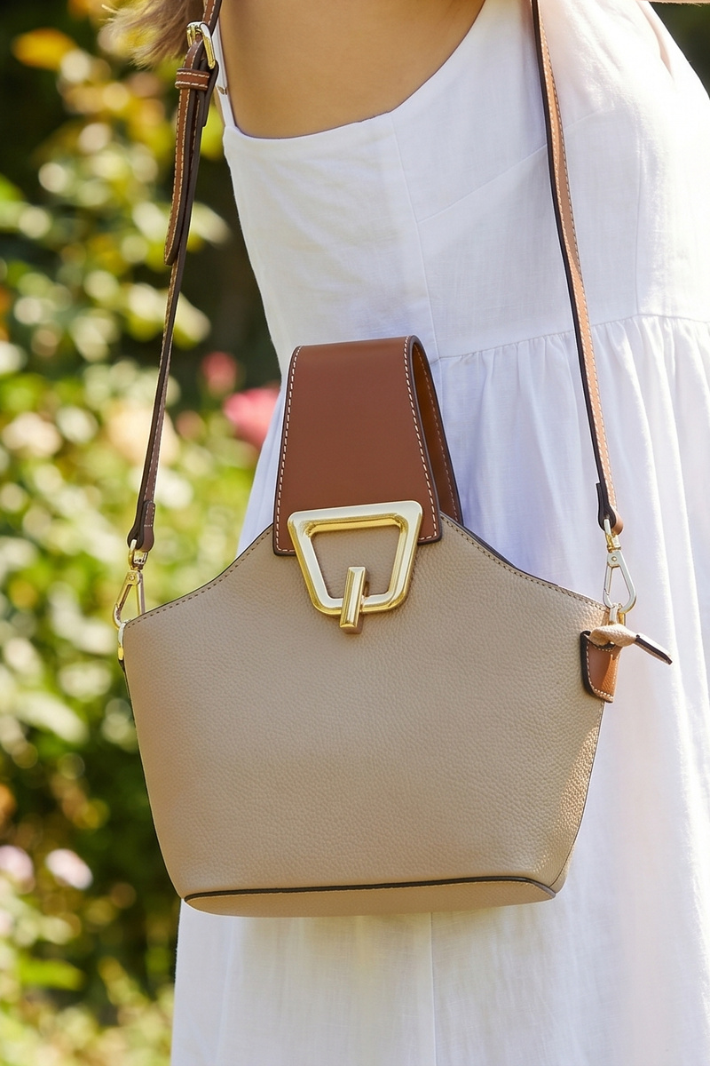 Vegan Leather Bucket Tote With Contrast Strap
