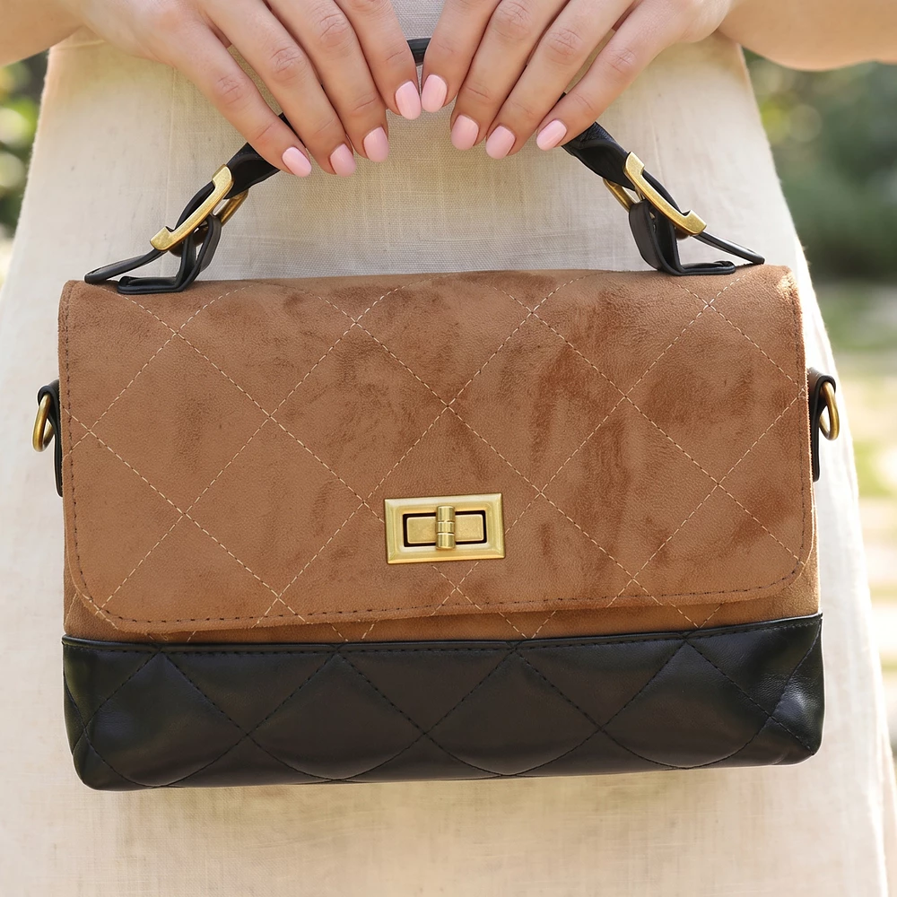Quilted Vegan Suede Flap Crossbody With Top Handle