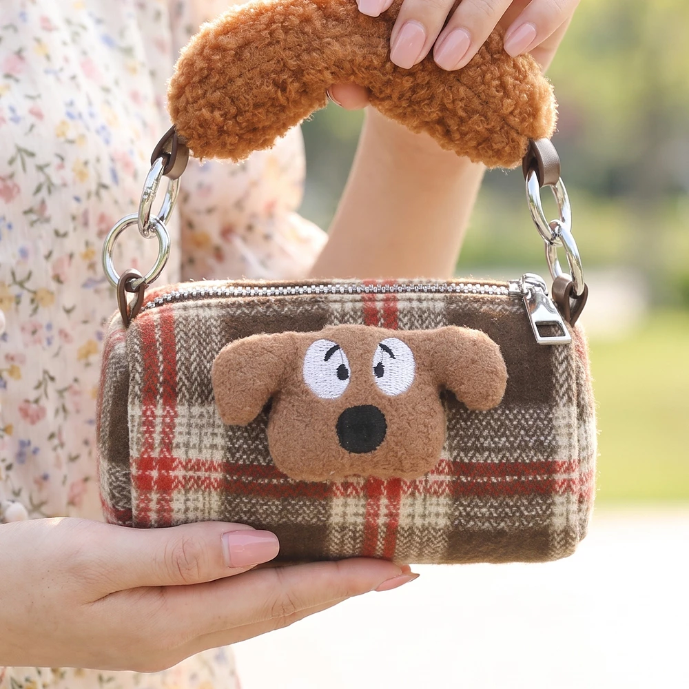 Plaid Puppy Face Mini Barrel Handbag