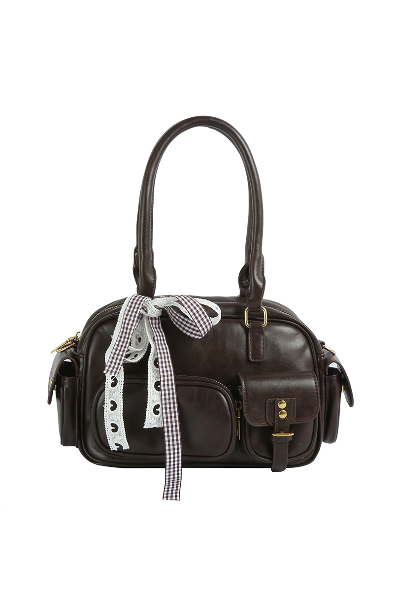 Multi Pocket Faux Leather Hand Bag With Ribbon Bow Charm