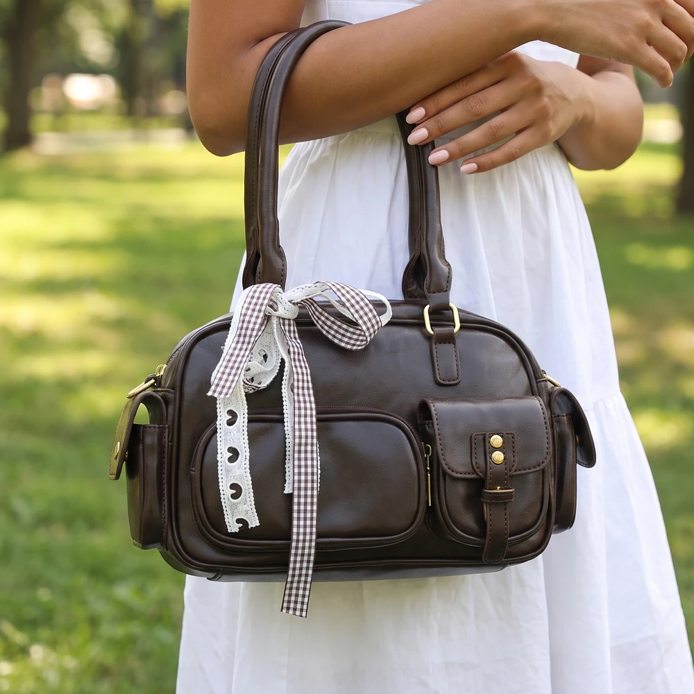Retro Glossy Multi Pocket Satchel With Ribbon