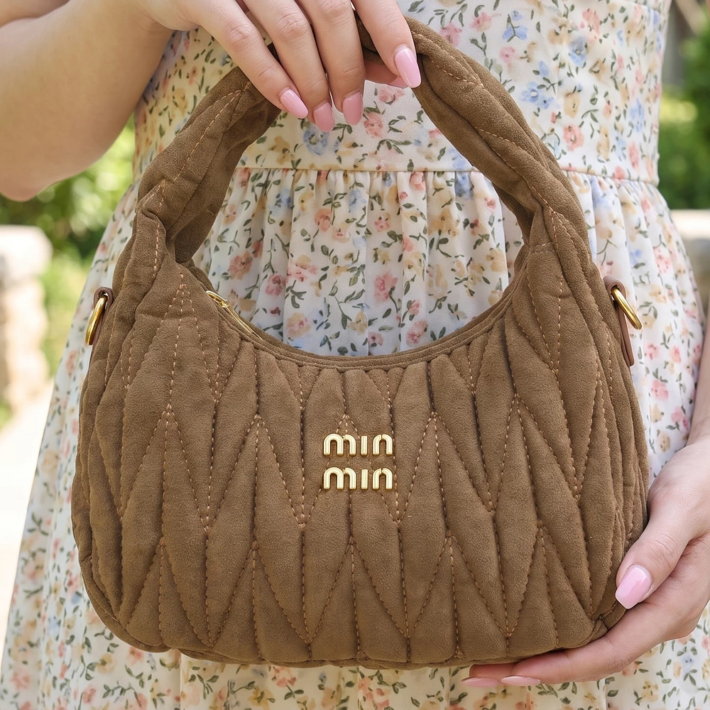 Quilted Chevron Vegan Suede Crescent Hobo Bag