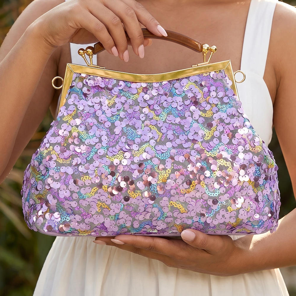 Iridescent Sequin Frame Clutch With Top Handle