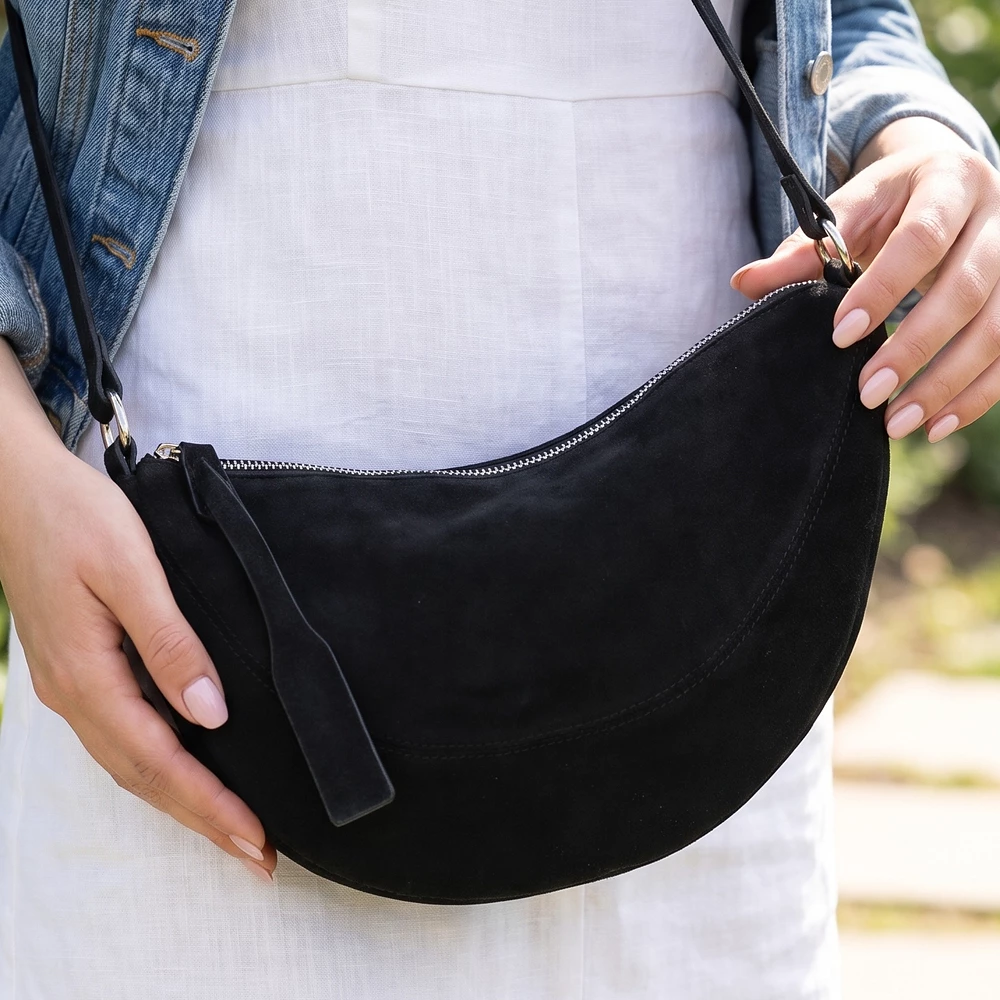 Vegan Suede Crescent Sling Shoulder Bag