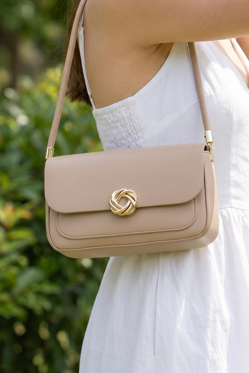 Vegan Leather Baguette Knot Closure Shoulder Bag