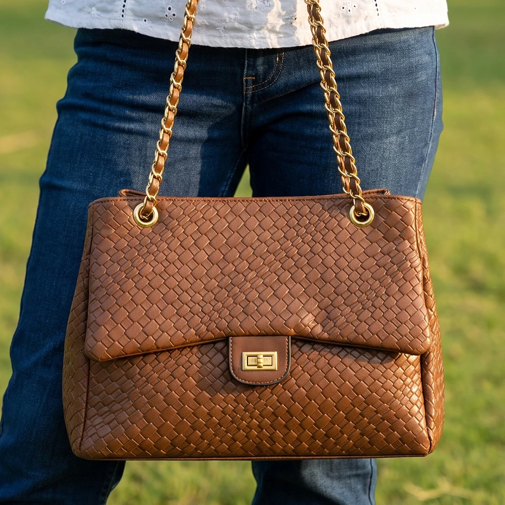 Woven Flap Shoulder Bag With Chain Strap