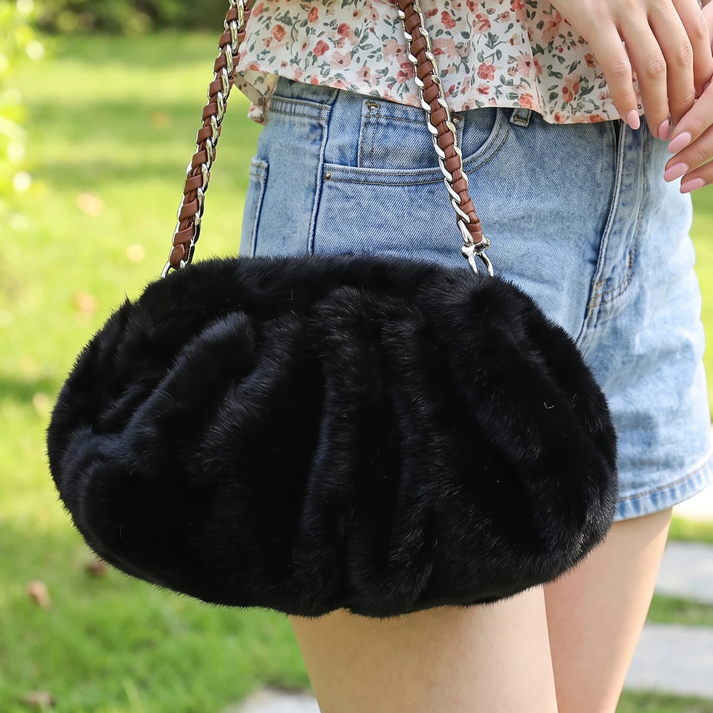 Plush Fur Pouch Shoulder Bag With Chain