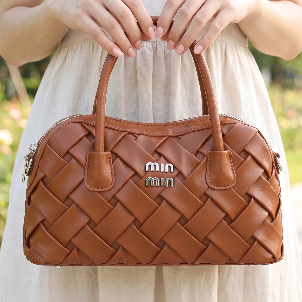 Puffy Woven Top Handle Satchel Bag