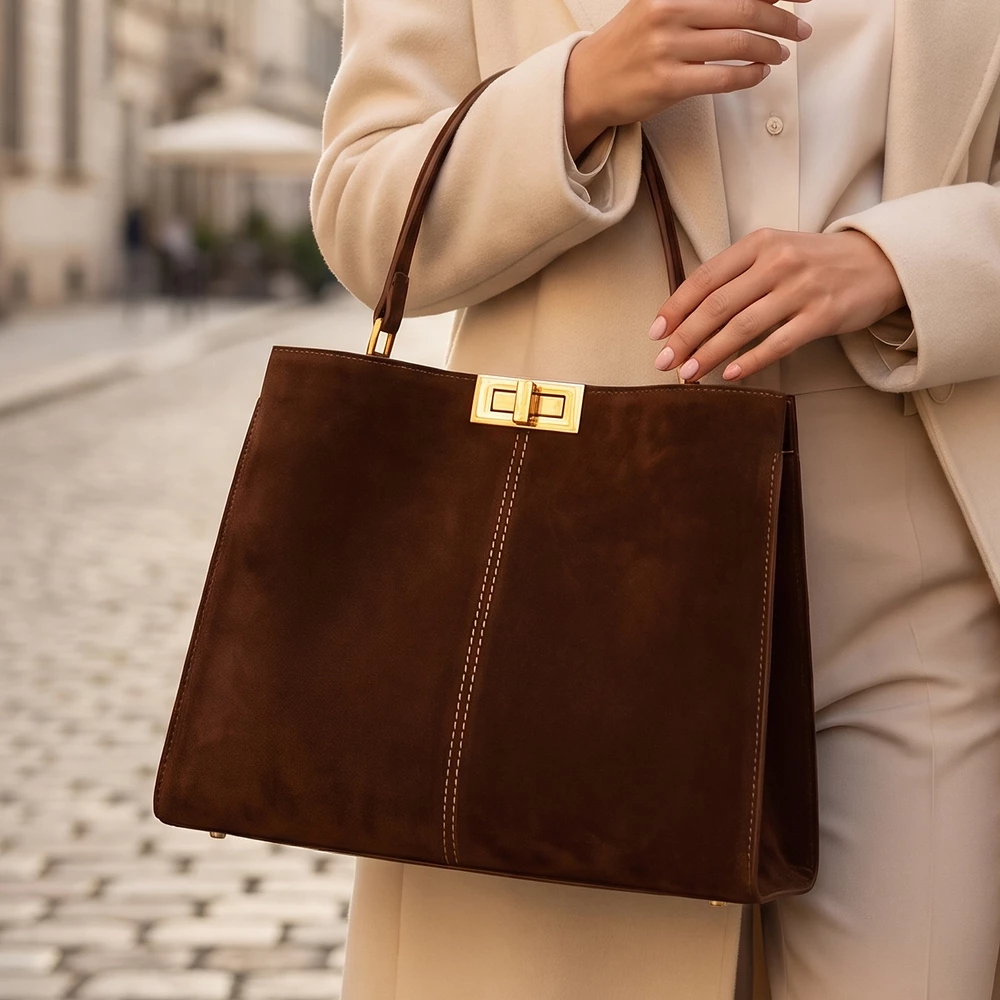 Vegan Suede Structured Shoulder Bag With Clasp