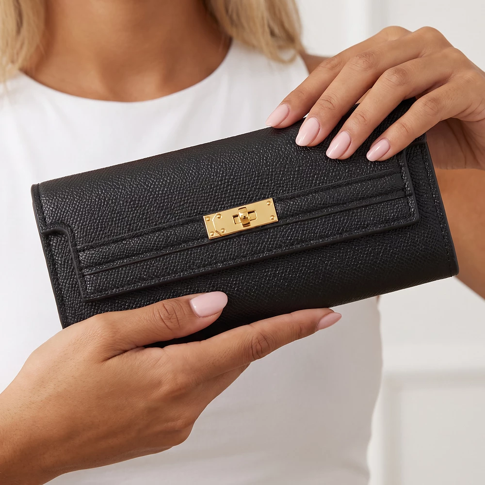 Flap Clasp Long Vegan Leather Wallet
