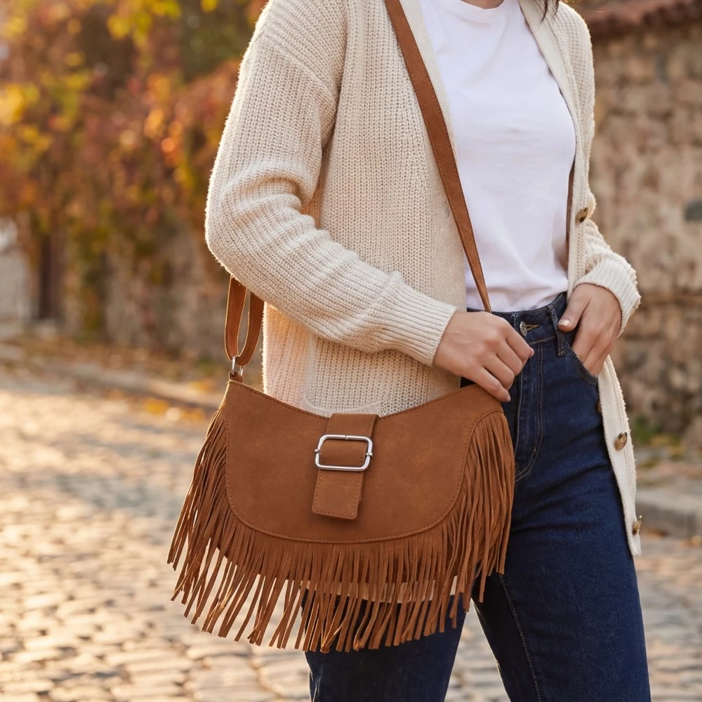 Vegan Suede Buckle Flap Fringe Crossbody Bag
