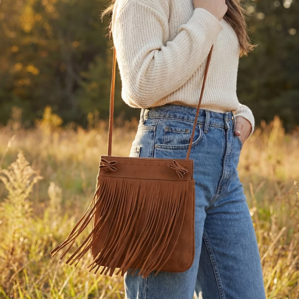 Vegan Suede Fringe Crossbody Bag With Bow Accents