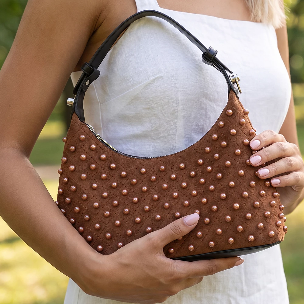 Bead Studded Vegan Suede Crescent Hobo Bag