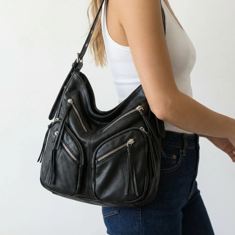 Multi Zip Pocket Slouchy Shoulder Bag