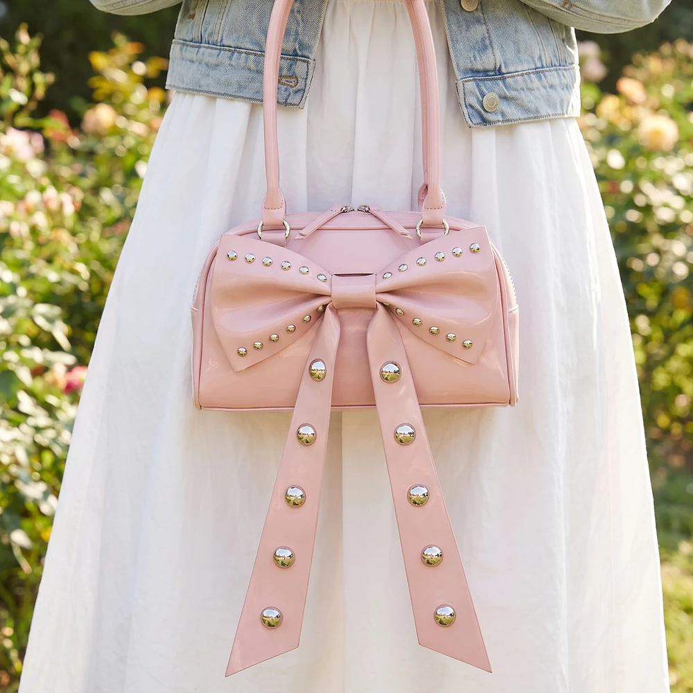 Studded Bow Bowling Shoulder Bag