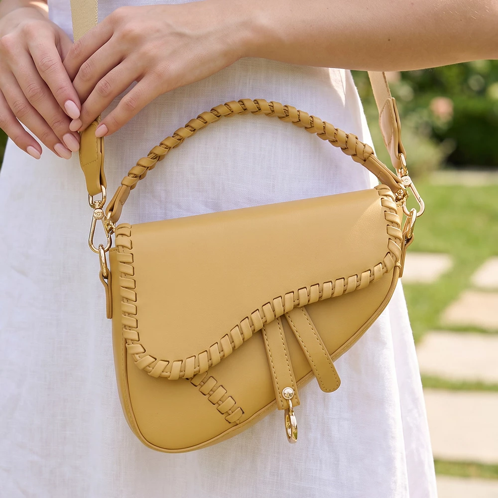 Whipstitch Saddle Shoulder Bag With Braided Handle