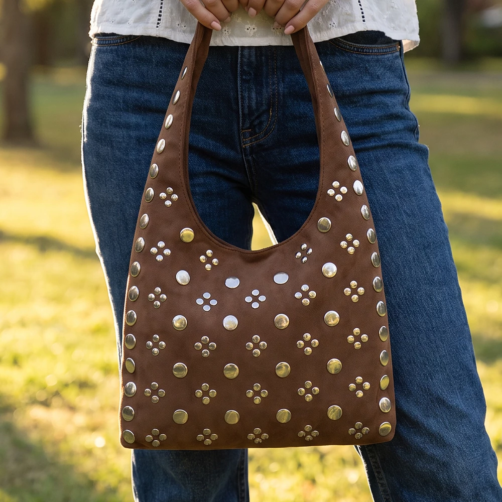Multi Rivet Studded Vegan Suede Hobo Bag