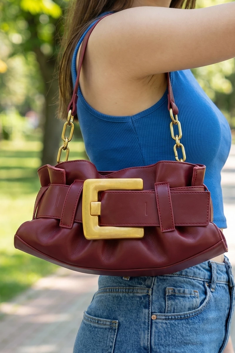 Slouchy Square Buckle Flap Shoulder Bag