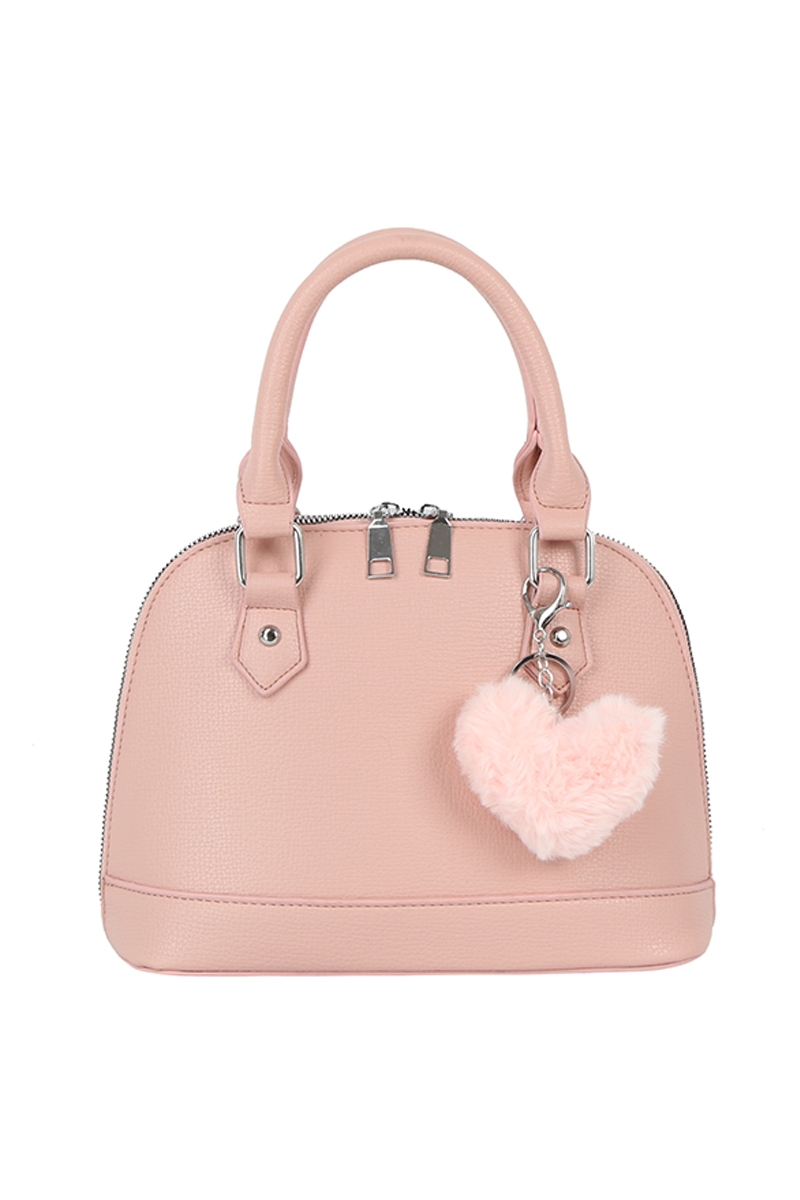 Fuzzy Heart Charm Faux Leather Hand Bag