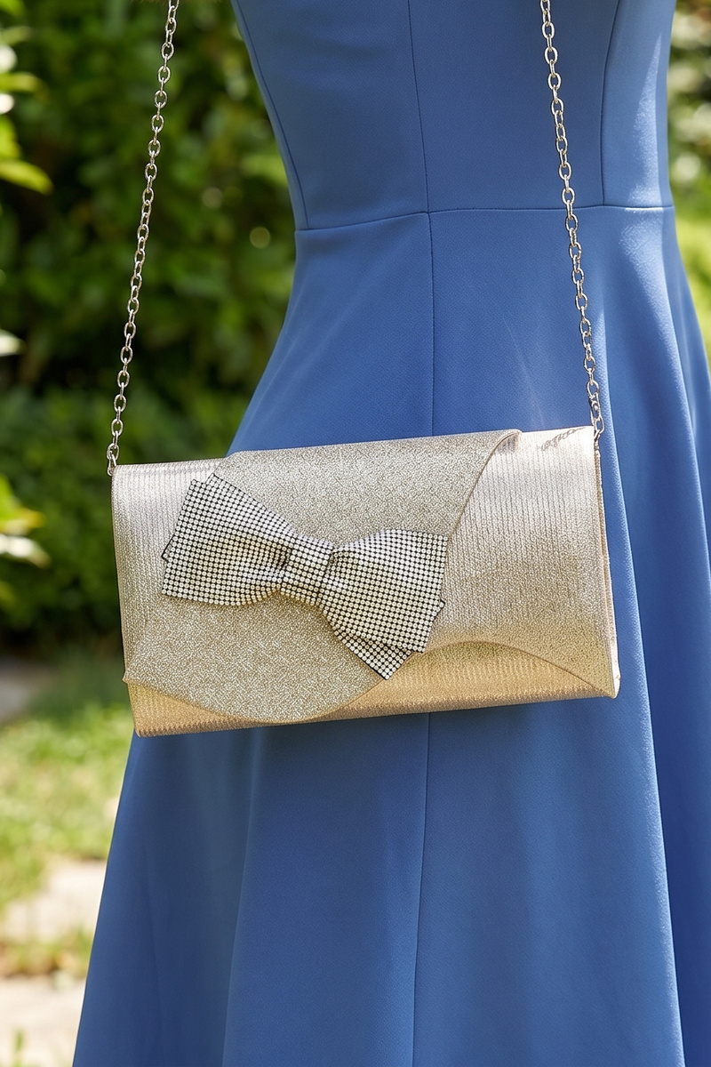 Rhinestone Bow Glitter Satin Envelope Clutch