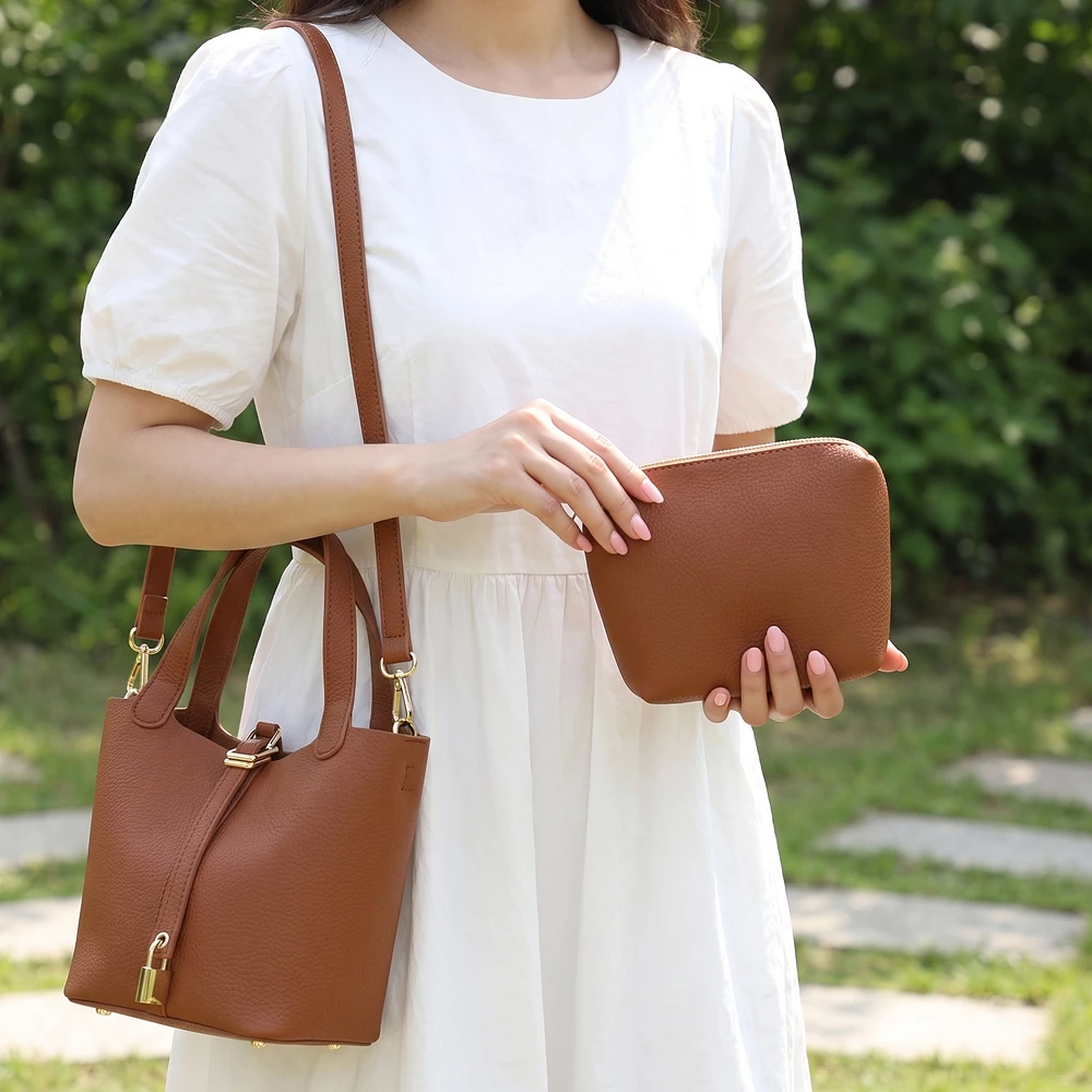 Structured Bucket Tote With Lock Tab And Pouch