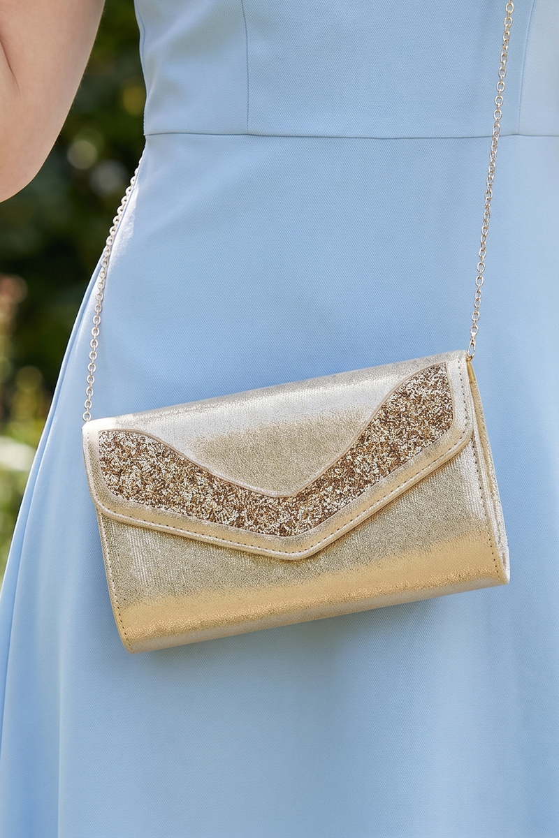 Glitter V Panel Satin Envelope Evening Clutch