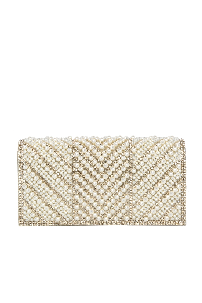 Pearl Rhinestone Chevron Pattern Clutch Bag