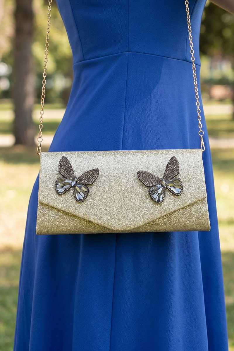 Rhinestone Butterfly Glitter Satin Evening Clutch