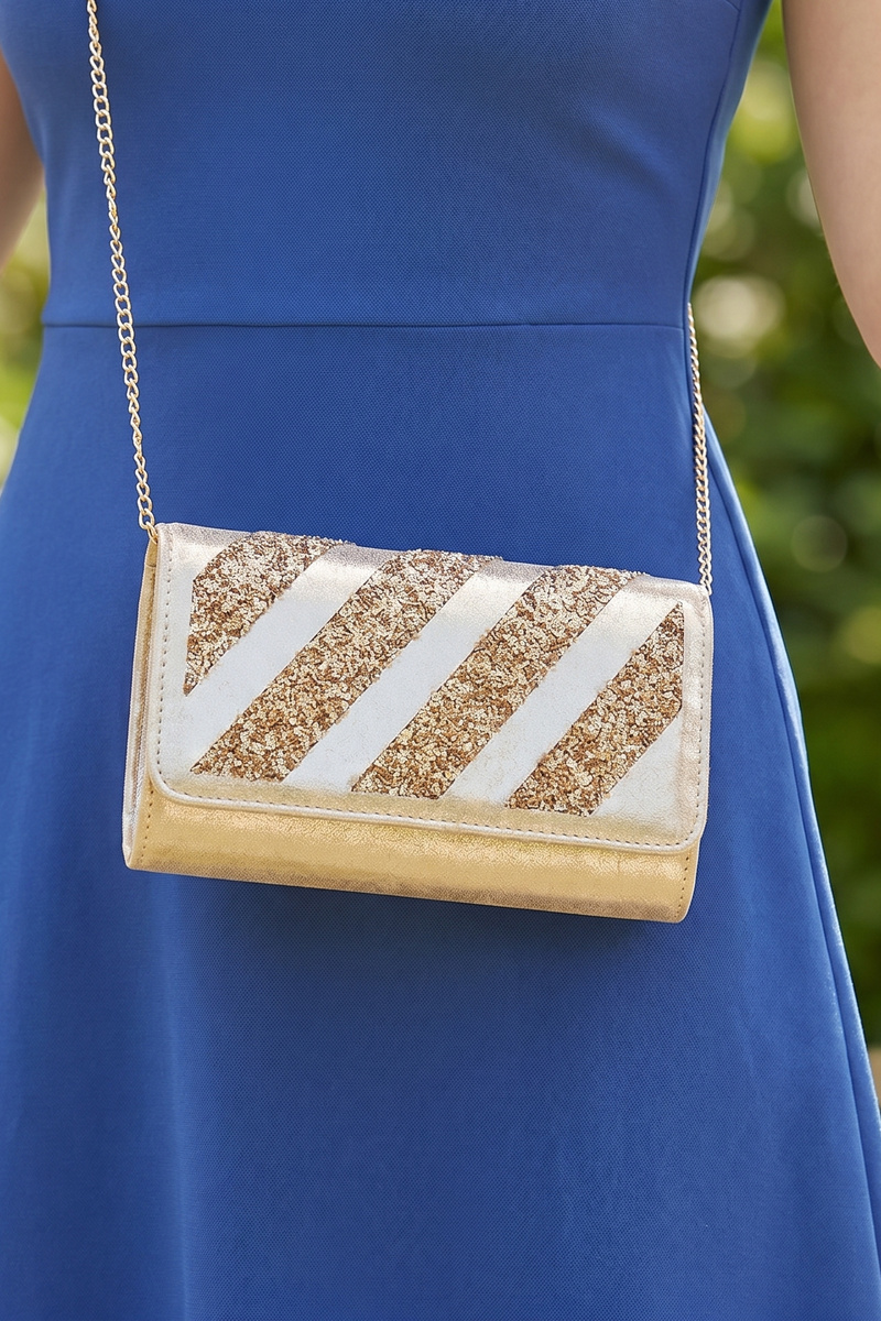 Diagonal Glitter Stripe Satin Envelope Clutch