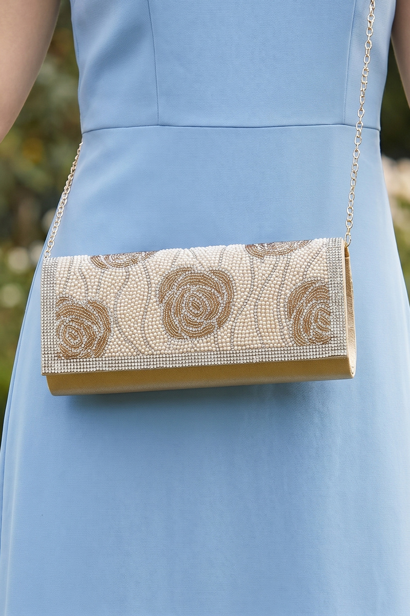 Beaded Rose Motif Rhinestone Trim Satin Clutch