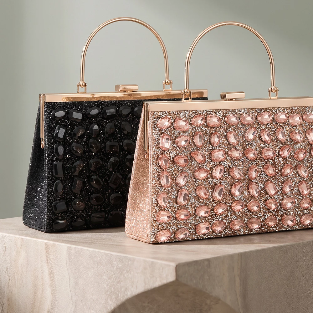 Jeweled Rhinestone Frame Top Handle Evening Bag