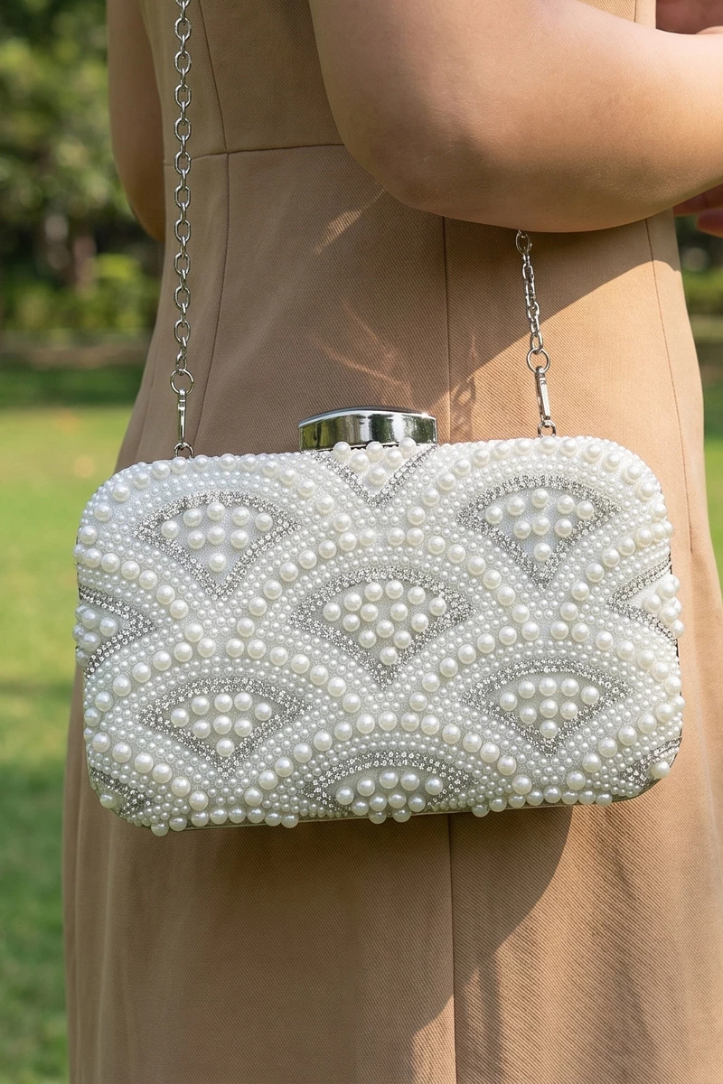 Pearl And Rhinestone Wave Evening Clutch