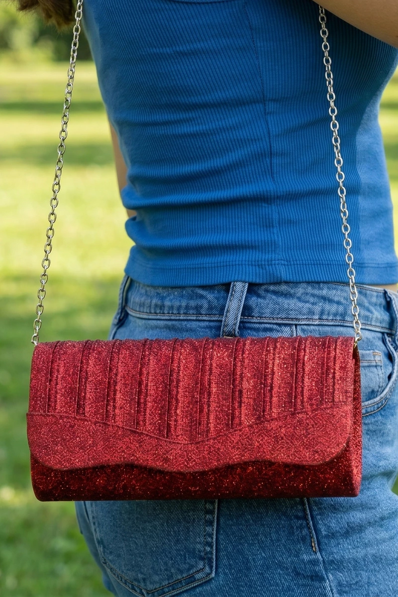 Glitter Pleated Scalloped Flap Envelope Clutch